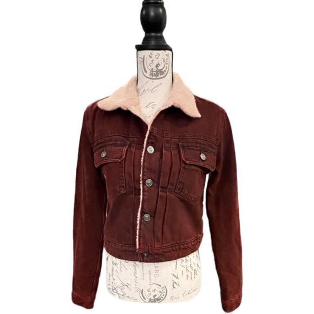 🎉PRICE REDUCED🎉 HUDSON Jeans Red Denim Trucker Jacket‎ Sherpa Size XS $295 NWT - Picture 8 of 15